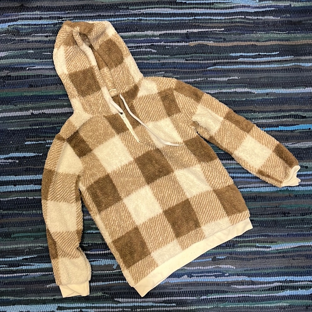 Fluffy brown plaid sweatshirt. Medium?